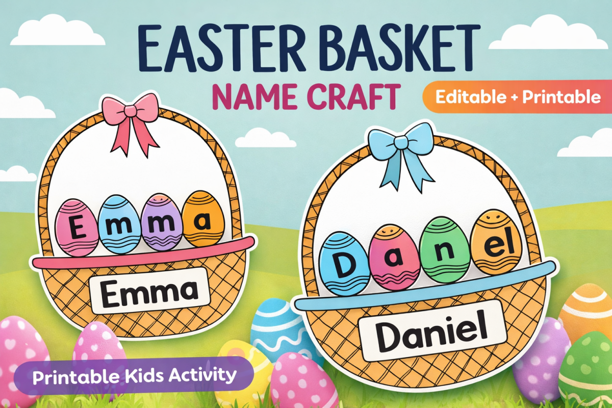 An educational teaching resource from BrightPrintsNY entitled Easter Basket Name Craft Editable Printable Kids Activity downloadable at Teach Simple.