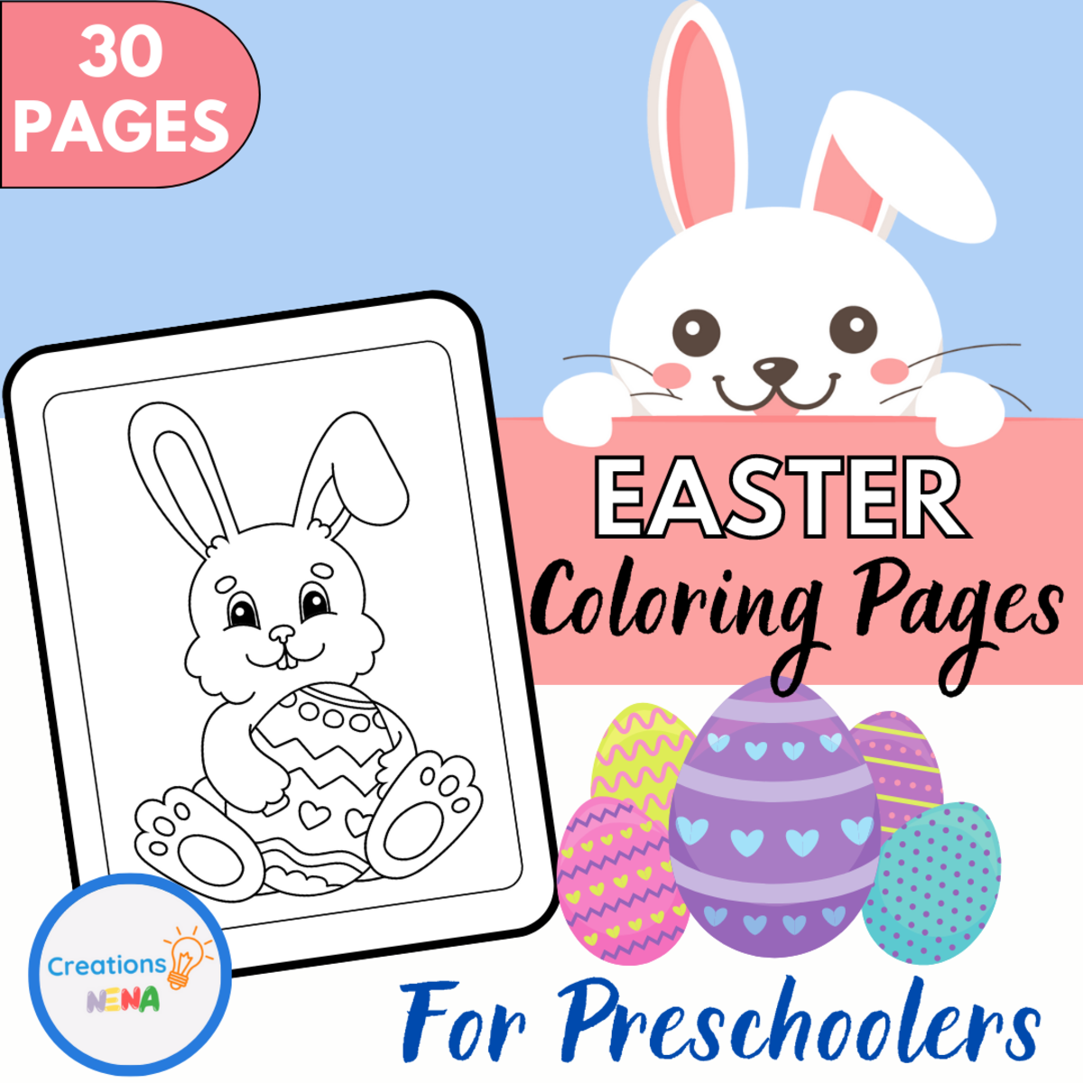 An educational teaching resource from Nena Creations entitled Easter Coloring Pages for Preschoolers downloadable at Teach Simple.
