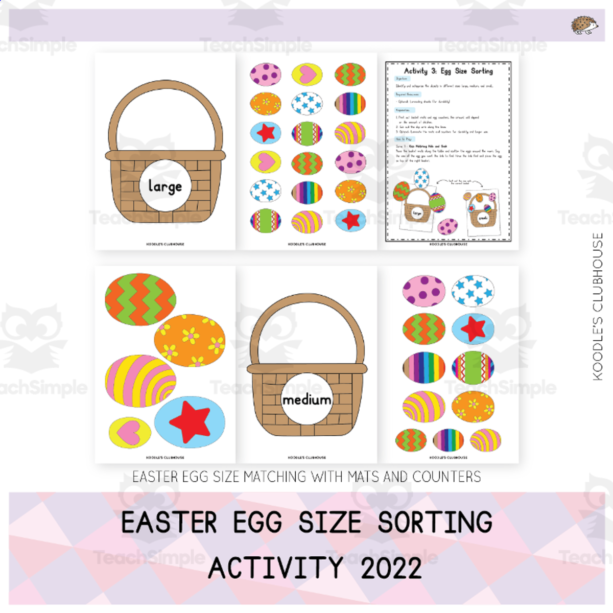 An educational teaching resource from Koodles Clubhouse entitled Easter Egg Size Sorting Activity downloadable at Teach Simple.