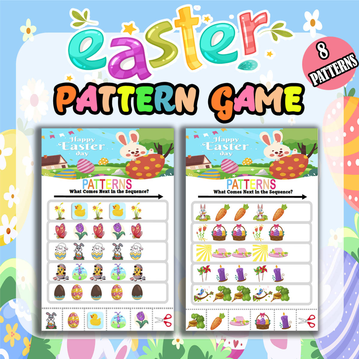 An educational teaching resource from Bambolina55 entitled Easter Finish the Pattern Worksheets Activity Puzzles for Pre and K downloadable at Teach Simple.