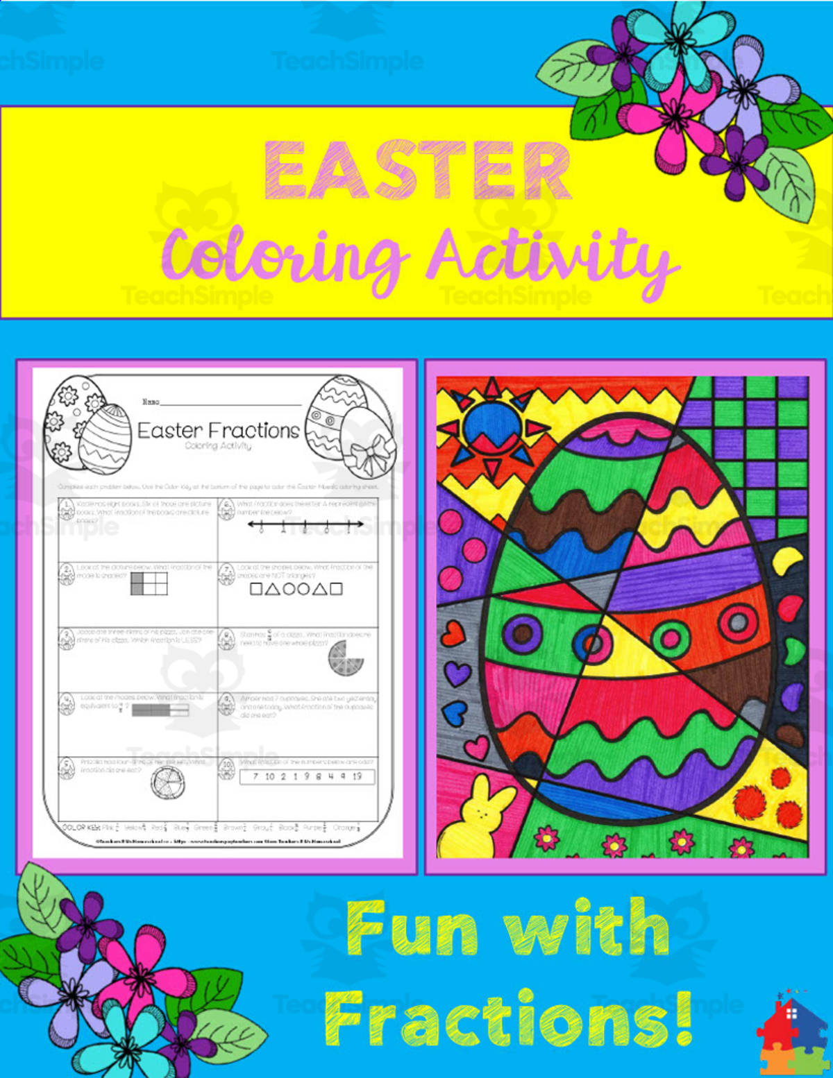 An educational teaching resource from Teachers R Us Homeschool entitled Easter Fractions Coloring Activity downloadable at Teach Simple.