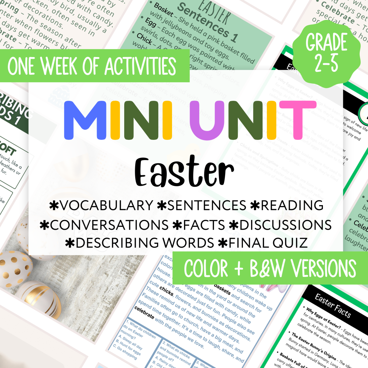 An educational teaching resource from Cored Education entitled Easter Mini Unit - Includes Reading, Vocabulary, Facts, Adjectives downloadable at Teach Simple.
