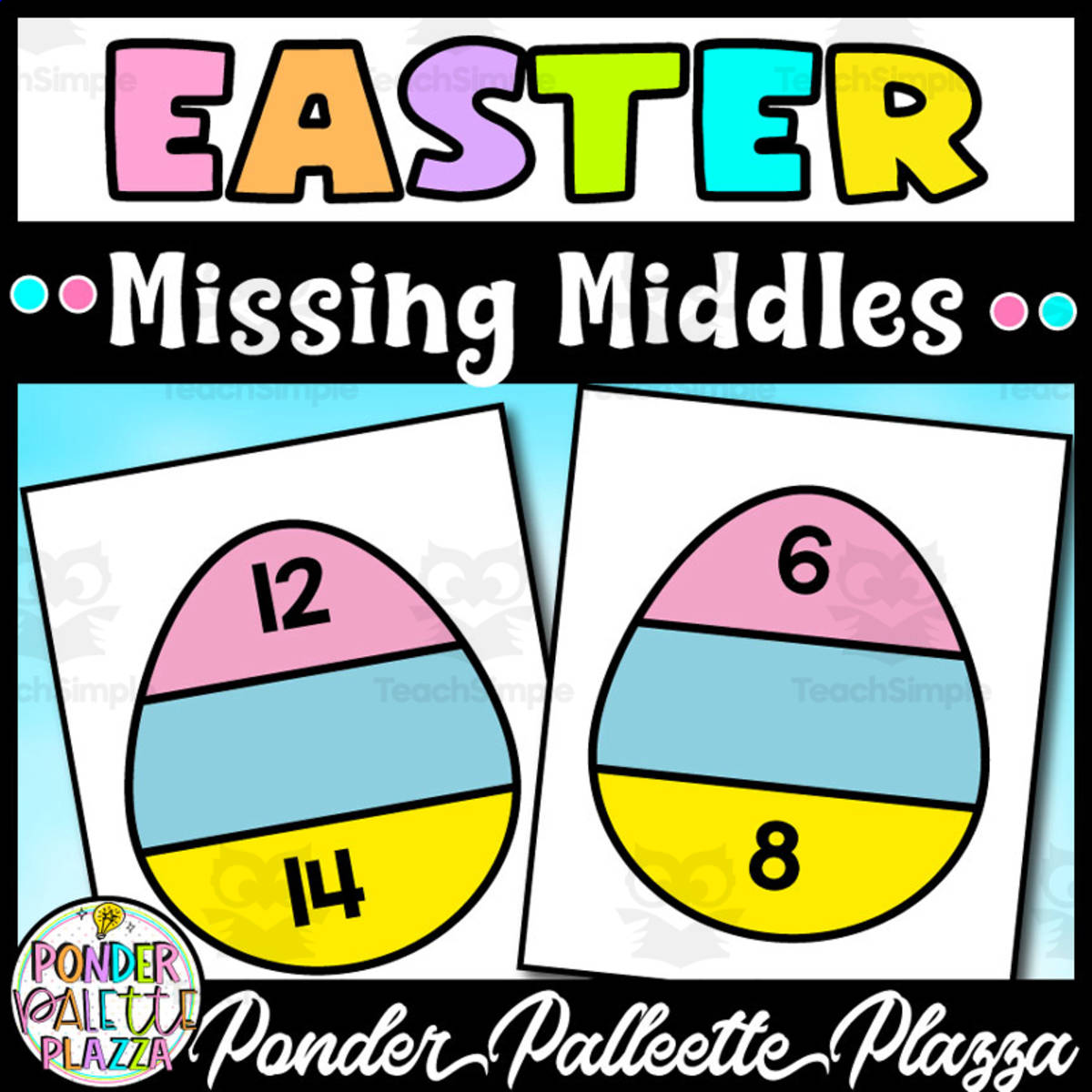 An educational teaching resource from Ponder Palette Plazza entitled Easter Missing Middles - Numbers 1 - 20 downloadable at Teach Simple.
