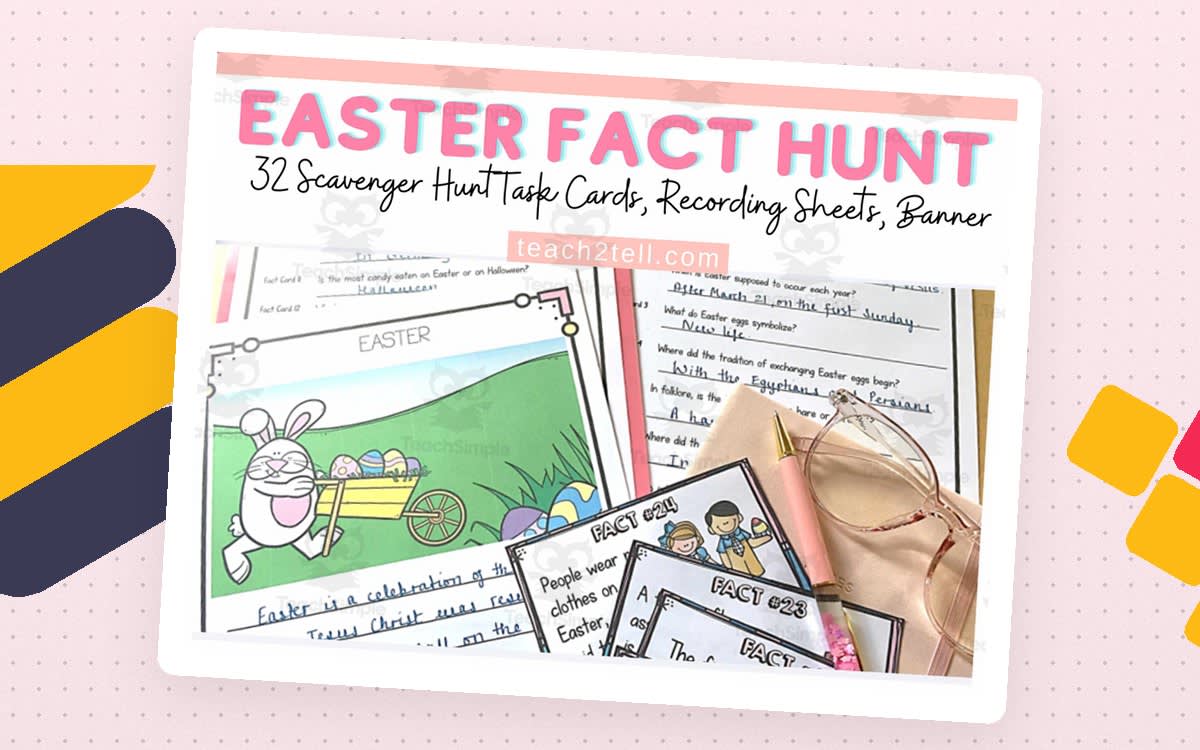 An educational teaching resource from Teach2Tell entitled Easter Printables | Easter Activities | Easter Reading Comprehension Activities | Easter Scavenger Hunt For Kids | Easter Bulletin Board downloadable at Teach Simple.