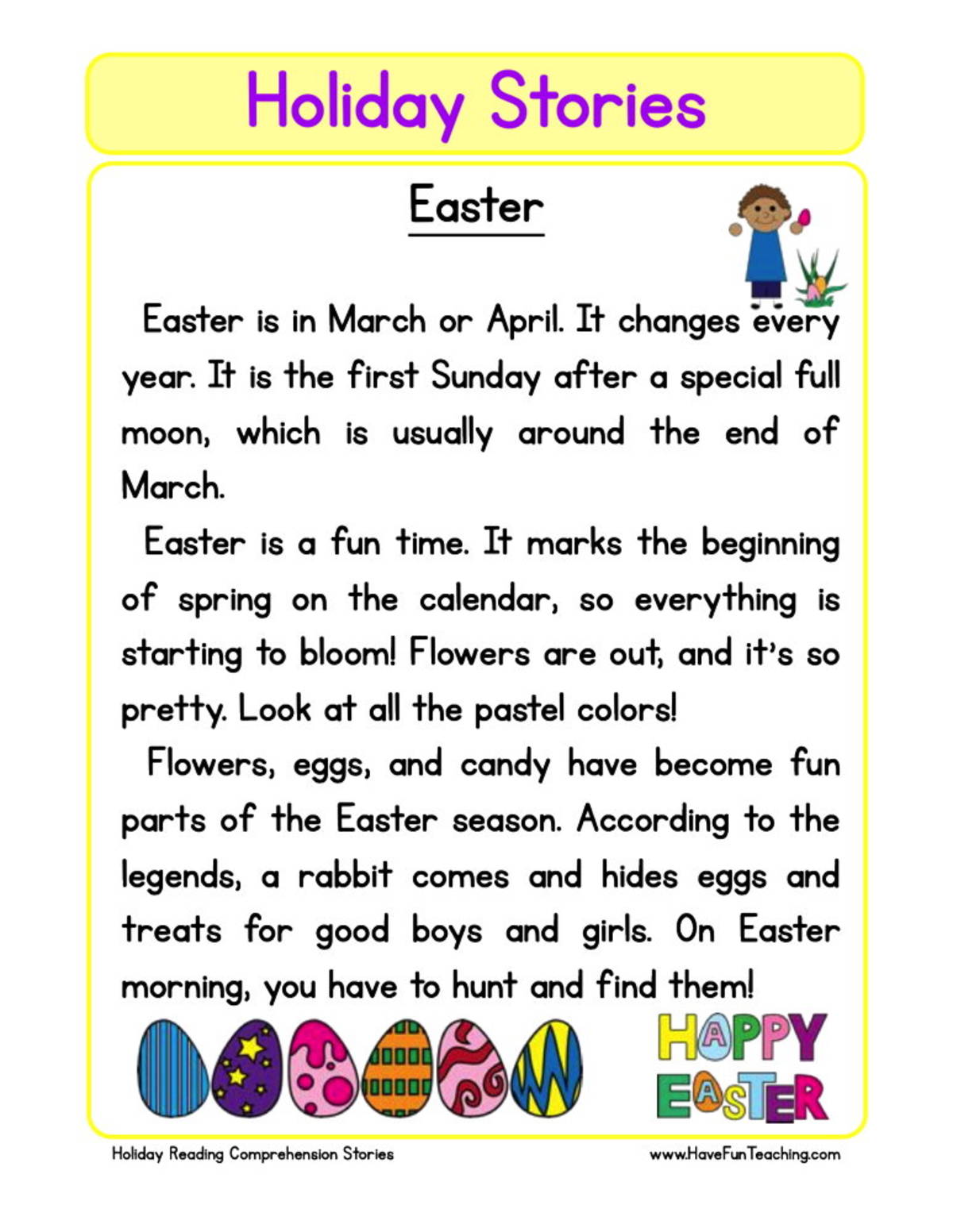 An educational teaching resource from Have Fun Teaching entitled Easter Reading Comprehension Worksheet downloadable at Teach Simple.