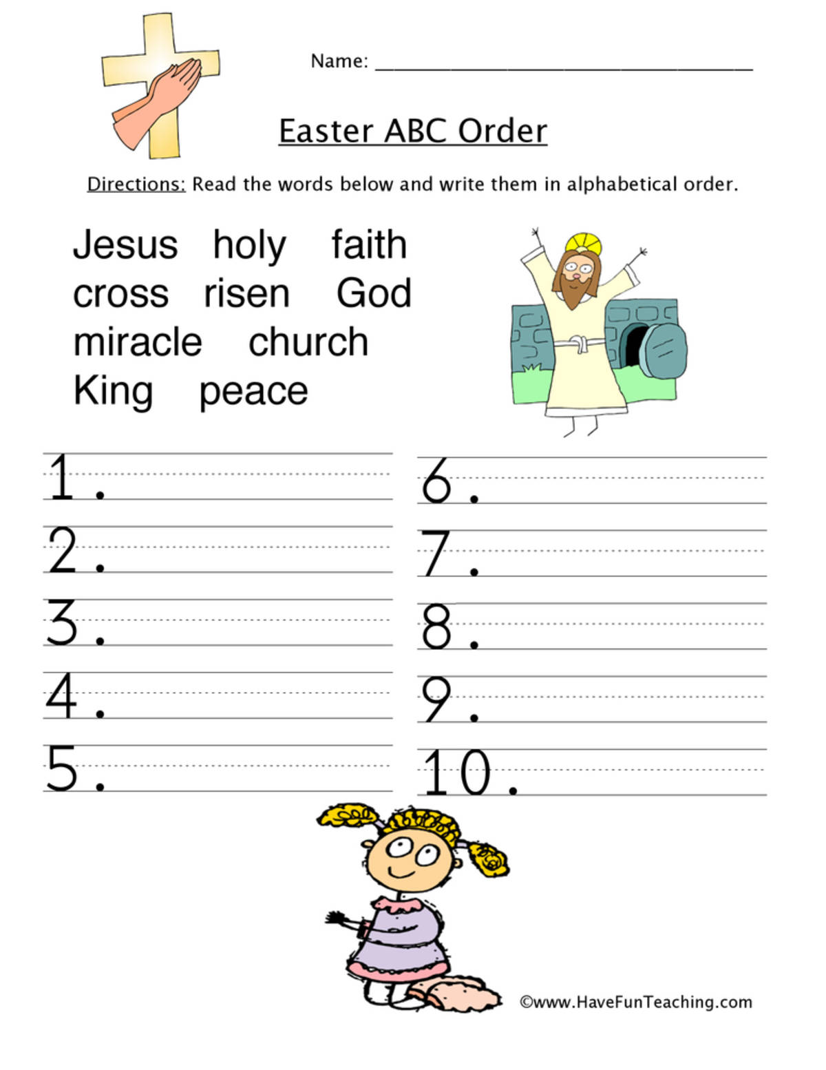 An educational teaching resource from Have Fun Teaching entitled Easter Religious ABC Order Worksheet downloadable at Teach Simple.