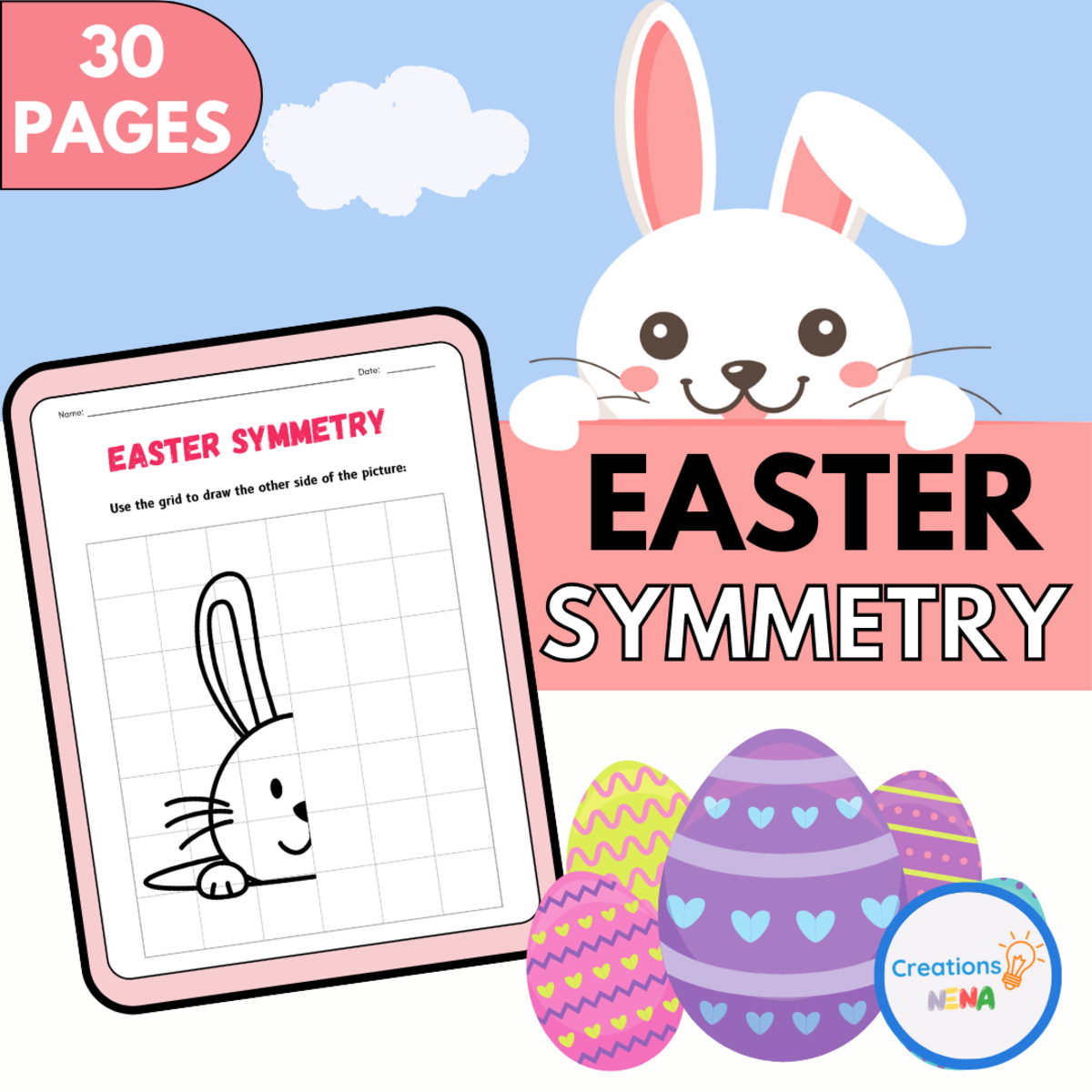 An educational teaching resource from Nena Creations entitled Easter Symmetry Drawing Activity. downloadable at Teach Simple.