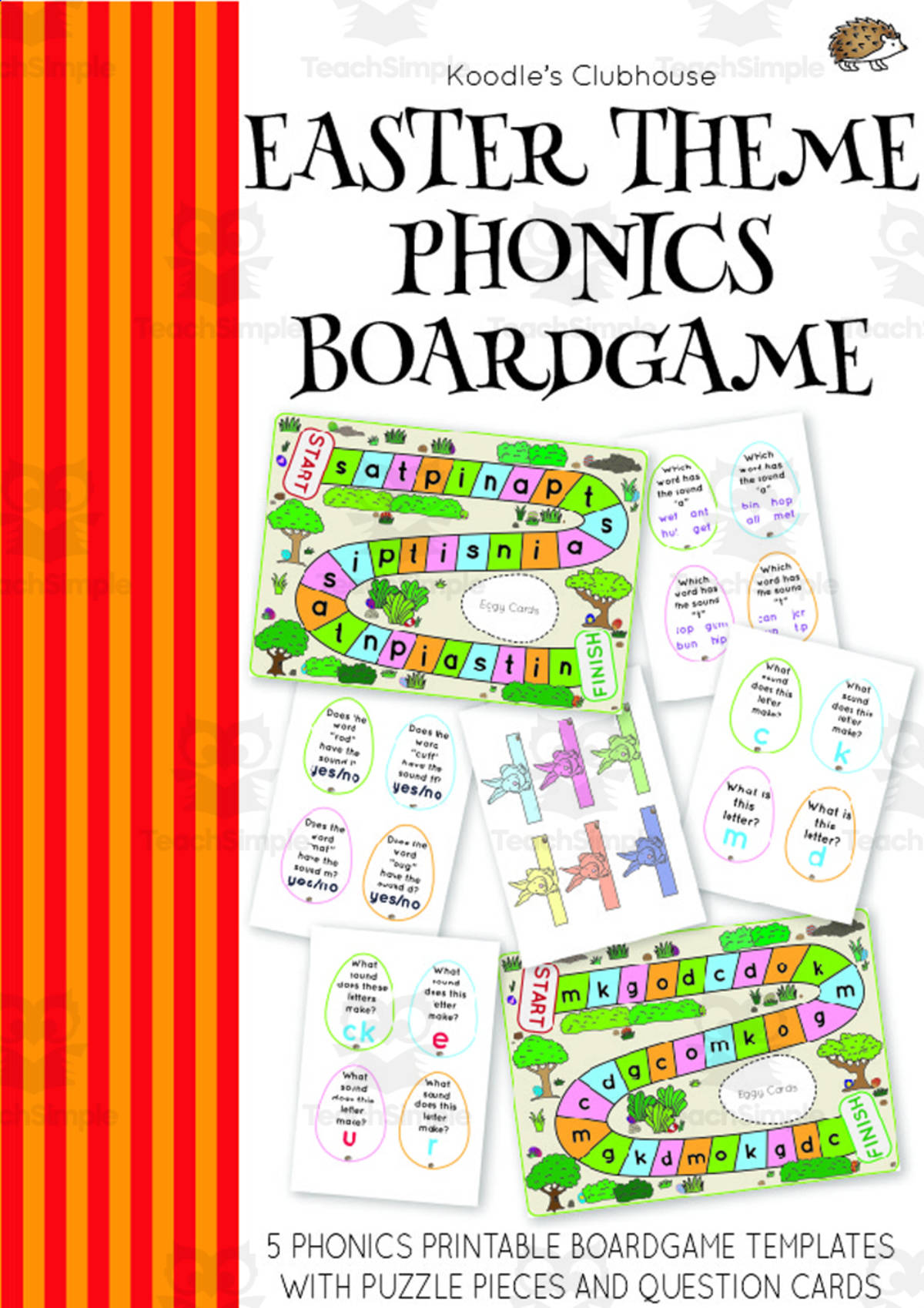 An educational teaching resource from Koodles Clubhouse entitled Easter Theme Phonics Board Game downloadable at Teach Simple.