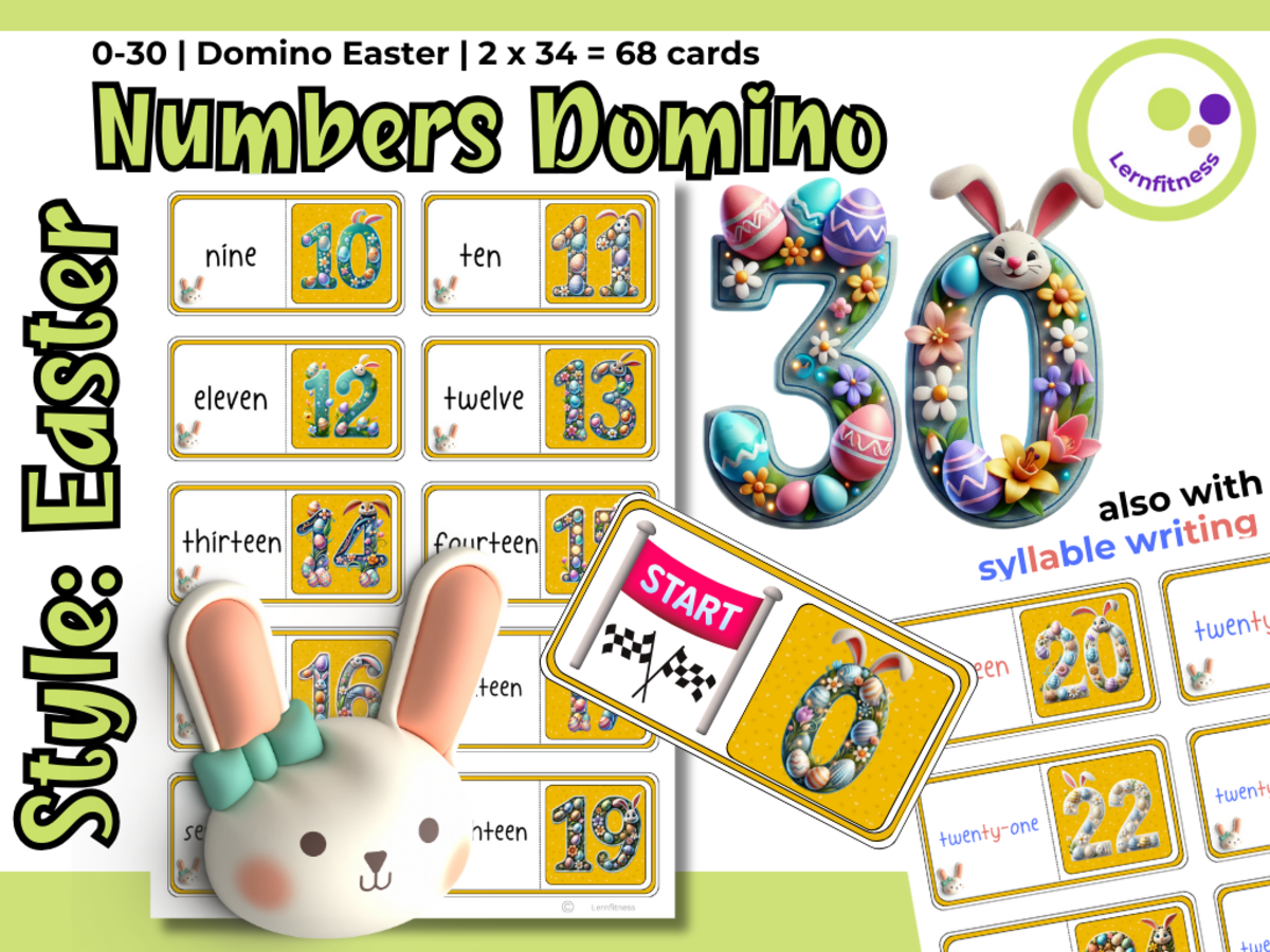 An educational teaching resource from Lernfitness entitled Easter-Themed Numbers Domino Game: Fun Learning for Elementary and ESL downloadable at Teach Simple.