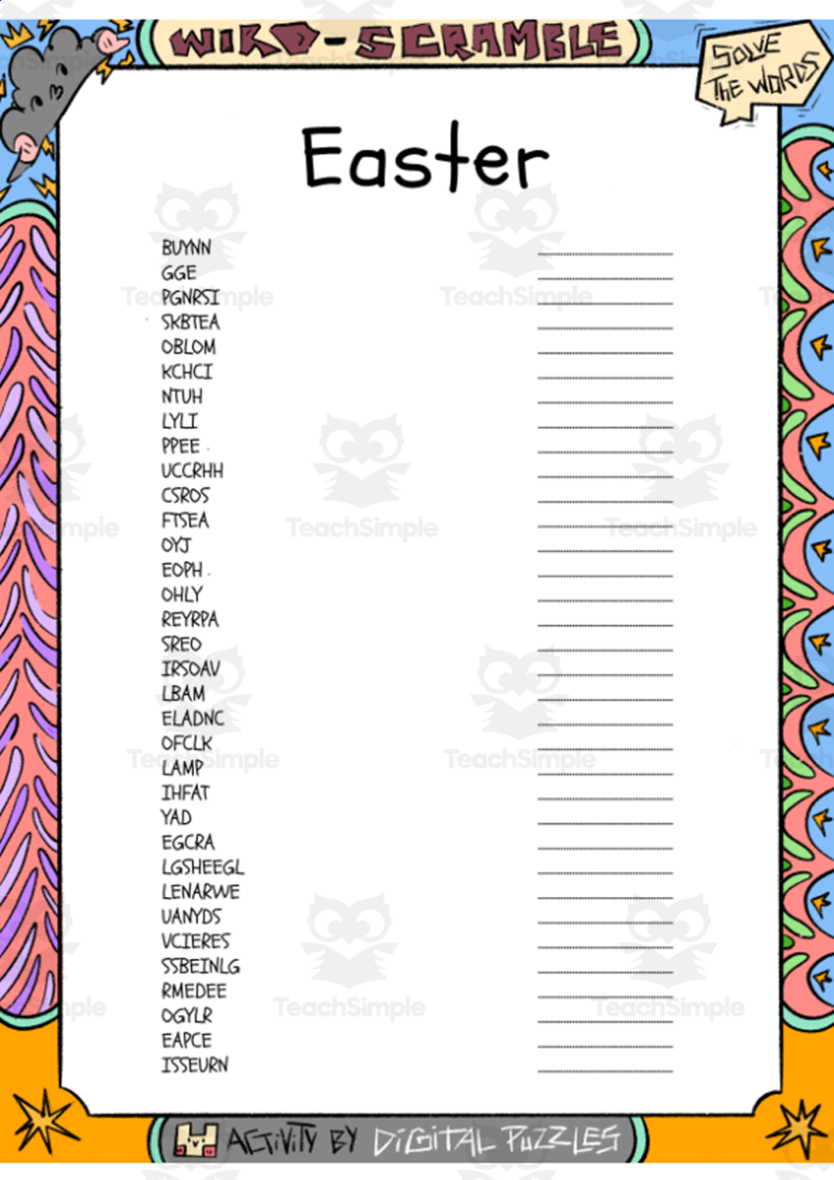 An educational teaching resource from Lapiiin Art Activities entitled Easter word Scramble puzzle worksheet downloadable at Teach Simple.