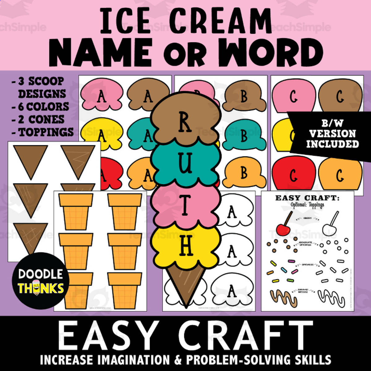 An educational teaching resource from Doodle Thinks entitled Easy Ice Cream Name Craft – Fun Paper Craft for Kids downloadable at Teach Simple.