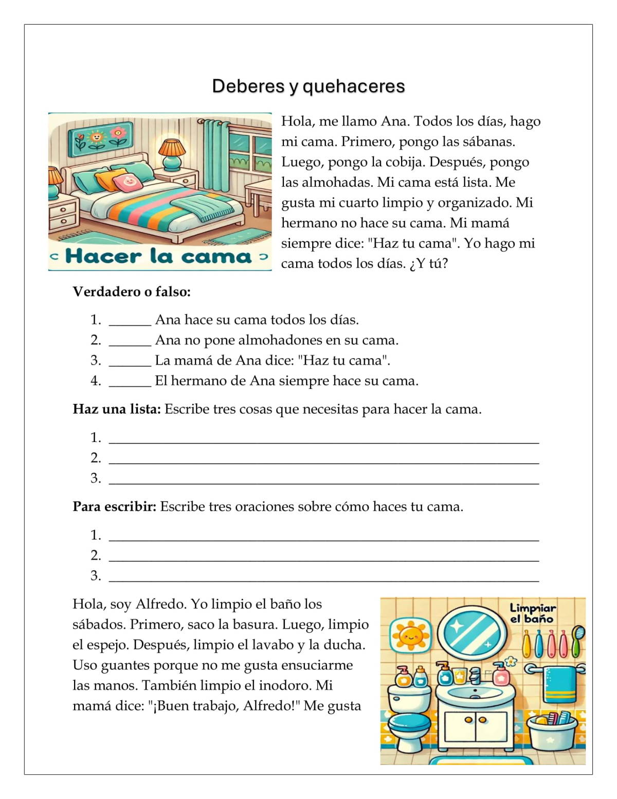 An educational teaching resource from Mi Clase Divertida entitled Easy Spanish Reading and Activities: Los Deberes y Quehaceres downloadable at Teach Simple.