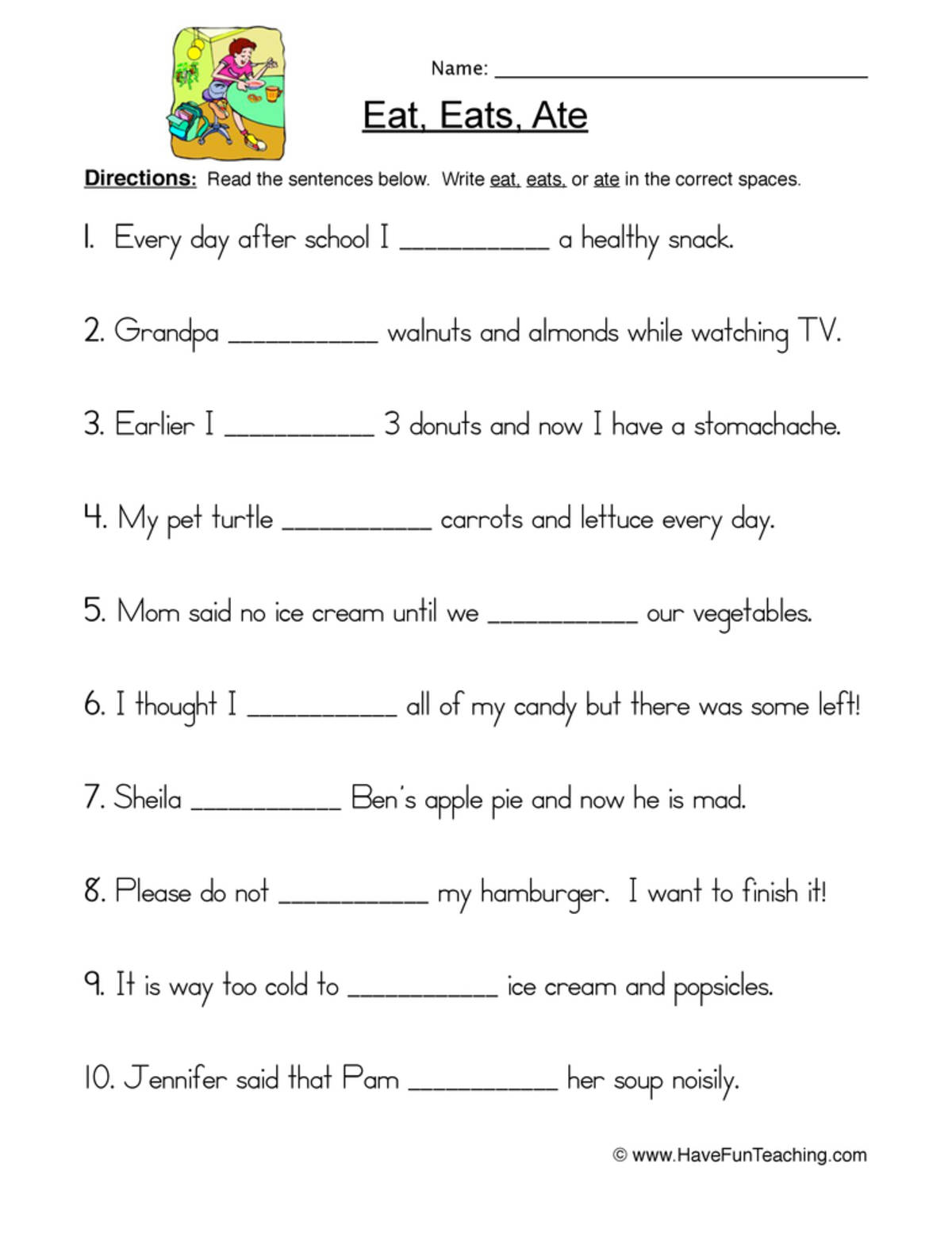 An educational teaching resource from Have Fun Teaching entitled Eat Eats Ate Fill in Blank Worksheet downloadable at Teach Simple.