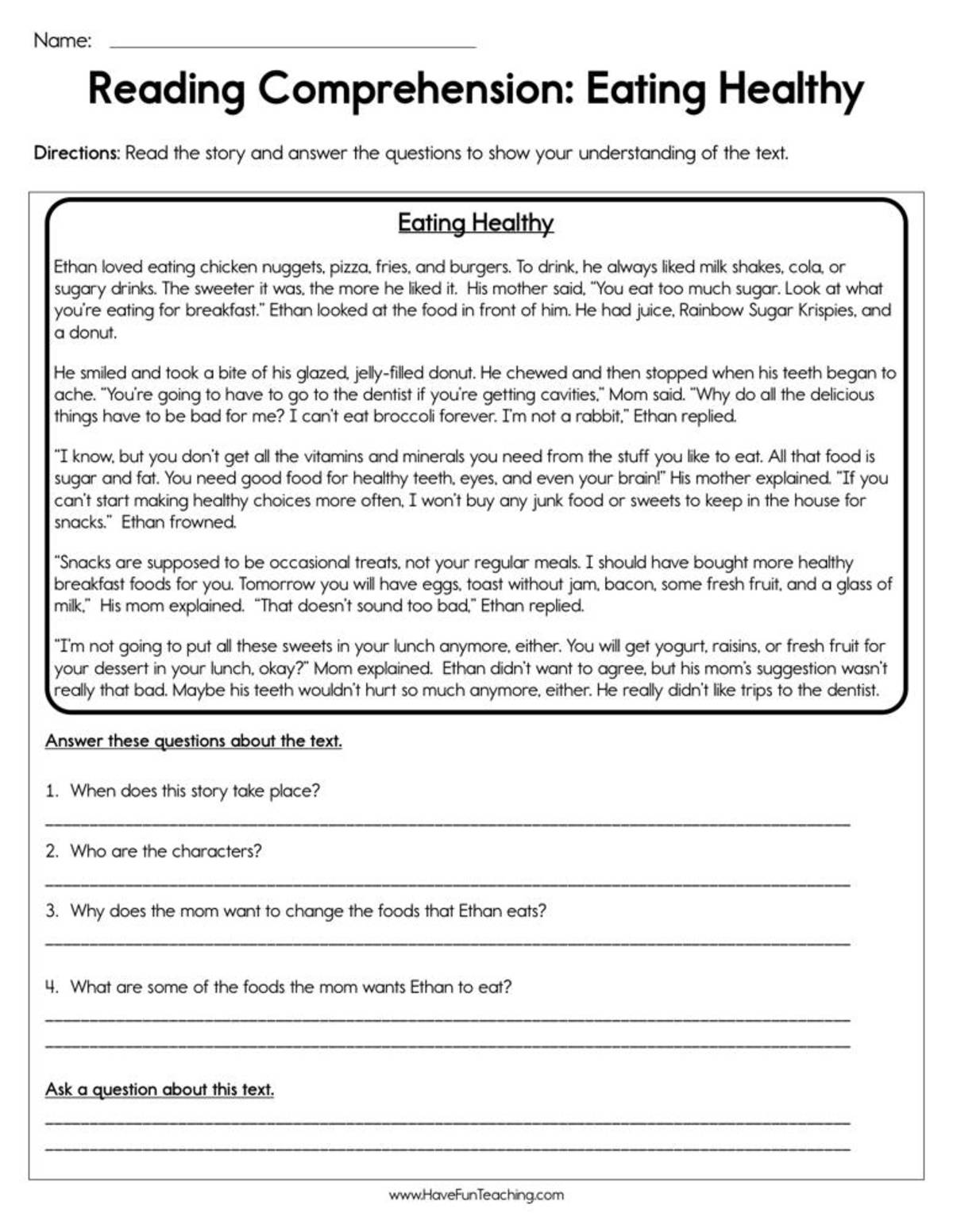 An educational teaching resource from Have Fun Teaching entitled Eat Healthy Reading Comprehension Worksheet downloadable at Teach Simple.