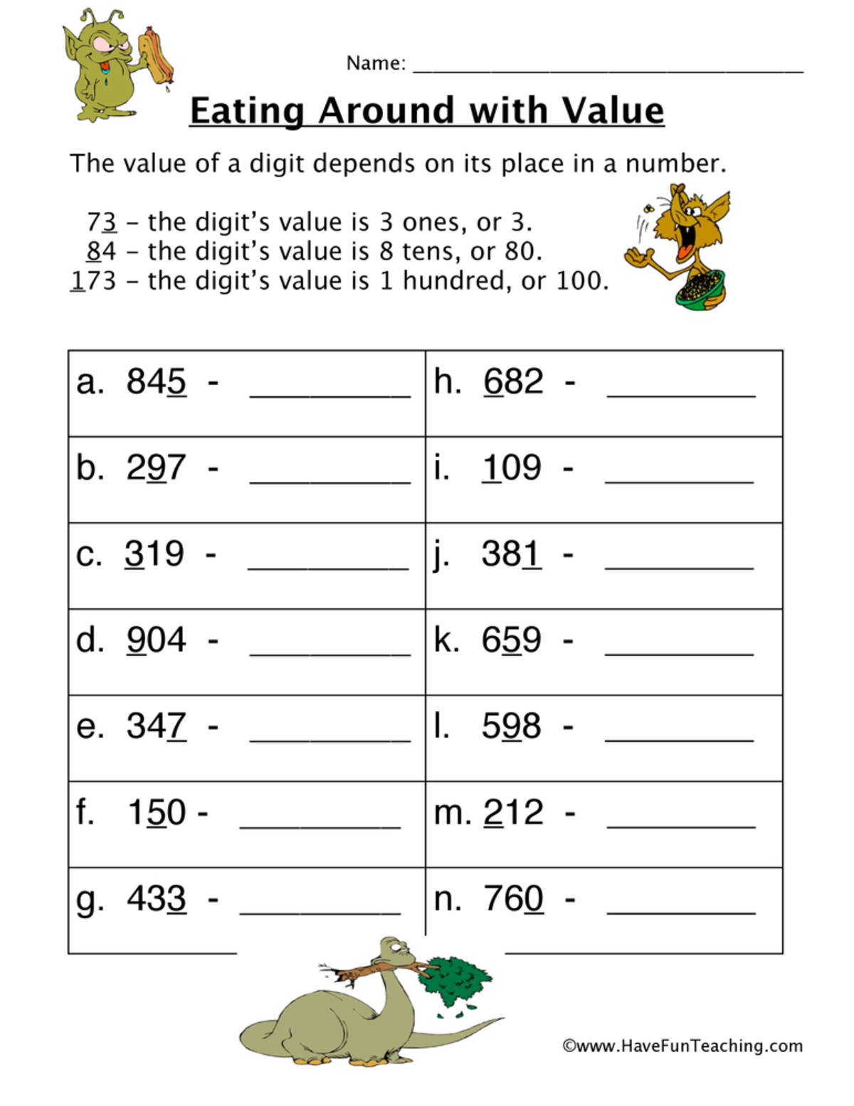 An educational teaching resource from Have Fun Teaching entitled Eat Place Value Worksheet downloadable at Teach Simple.