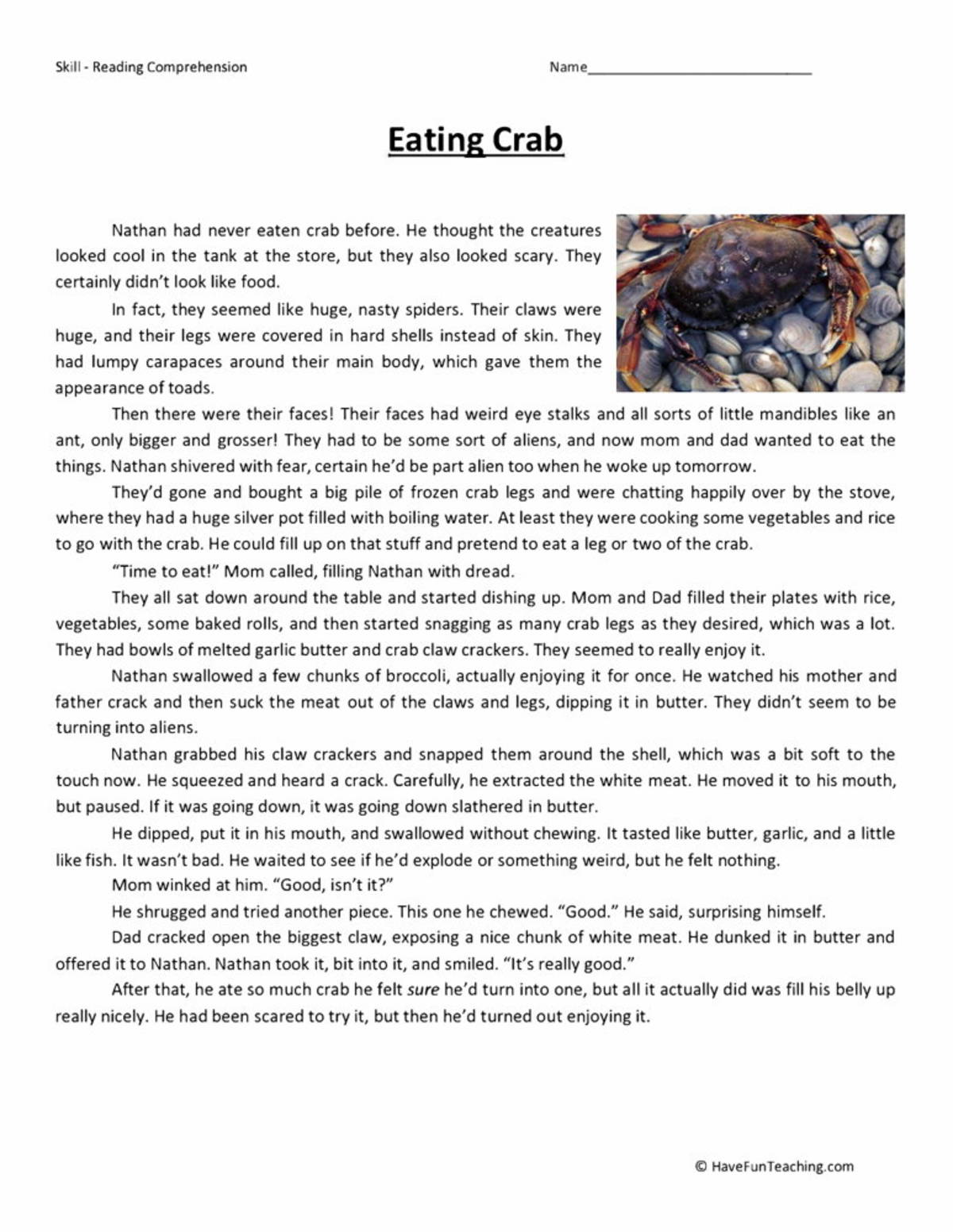 An educational teaching resource from Have Fun Teaching entitled Eating Crab Reading Comprehension Worksheet downloadable at Teach Simple.