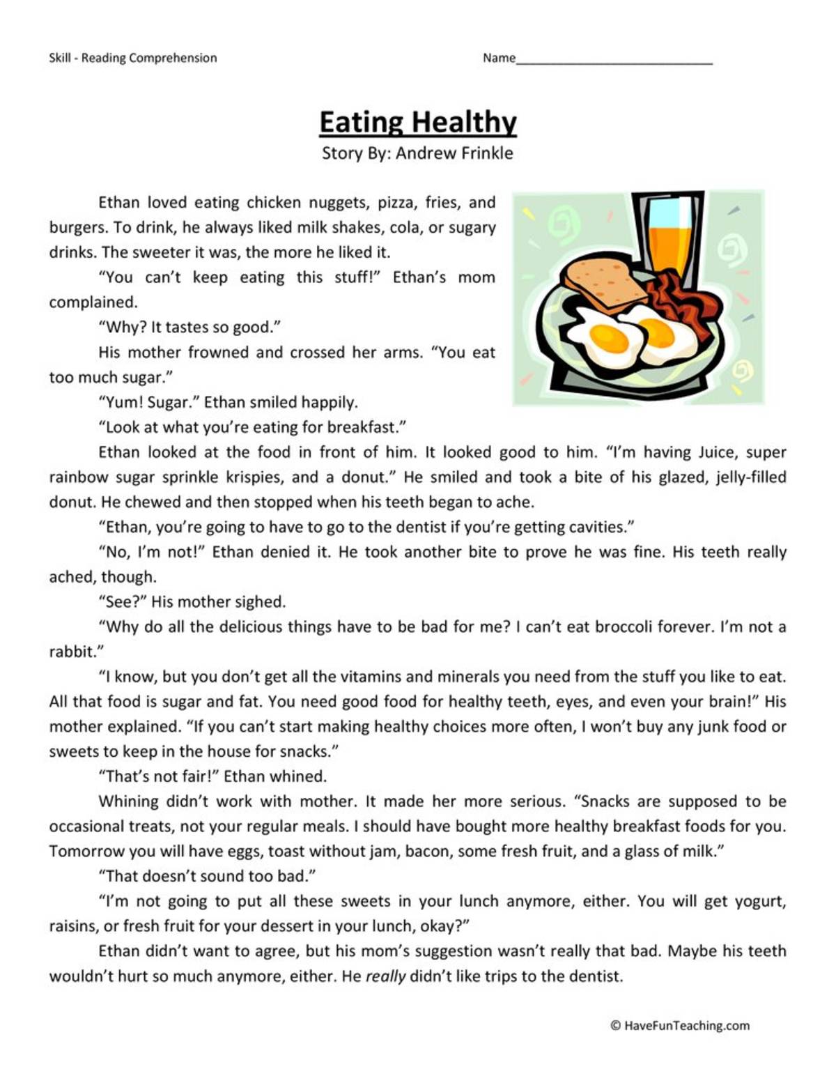 An educational teaching resource from Have Fun Teaching entitled Eating Healthy - Reading Comprehension Worksheet downloadable at Teach Simple.
