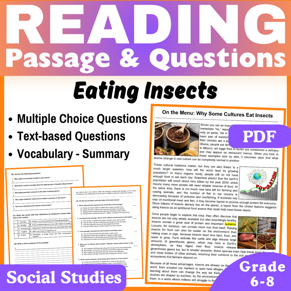 An educational teaching resource from CORED Education - Middle & High School entitled Eating Insects: Social Studies Reading Comprehension Passage (PDF) downloadable at Teach Simple.