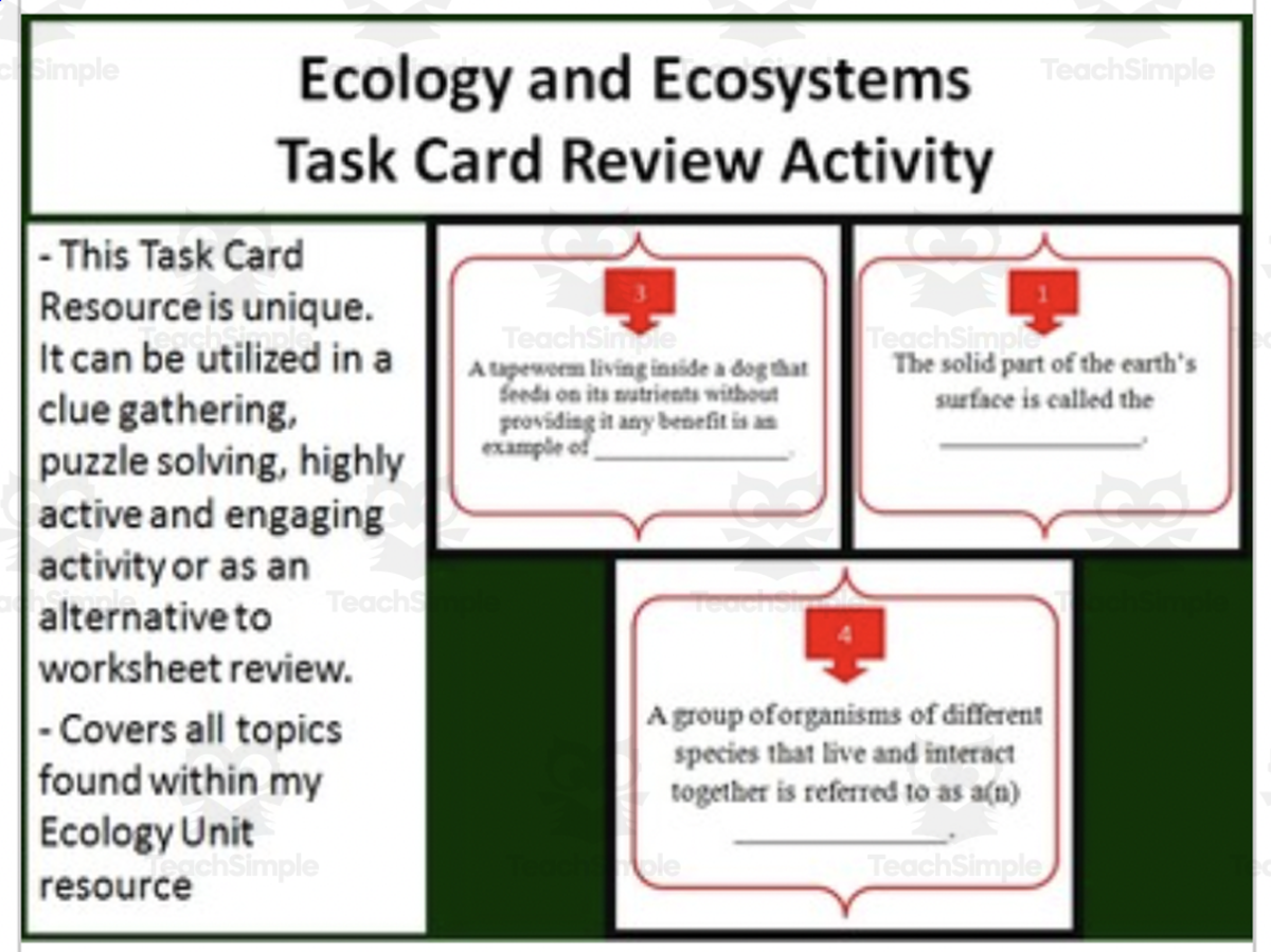 An educational teaching resource from Teach With Fergy entitled Ecology and Ecosystems Task Card REVIEW GAME - Unique and Engaging downloadable at Teach Simple.