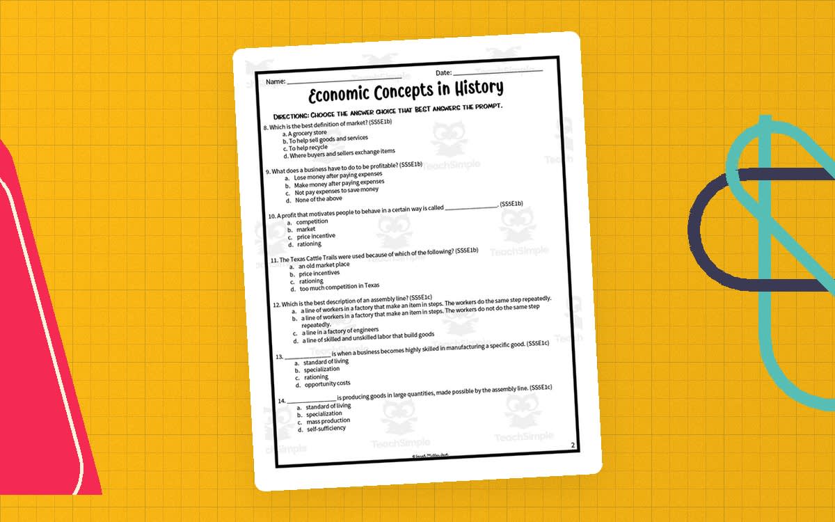 An educational teaching resource from Sarah Miller Tech entitled Economic Concepts in History Assessment Study Guide downloadable at Teach Simple.