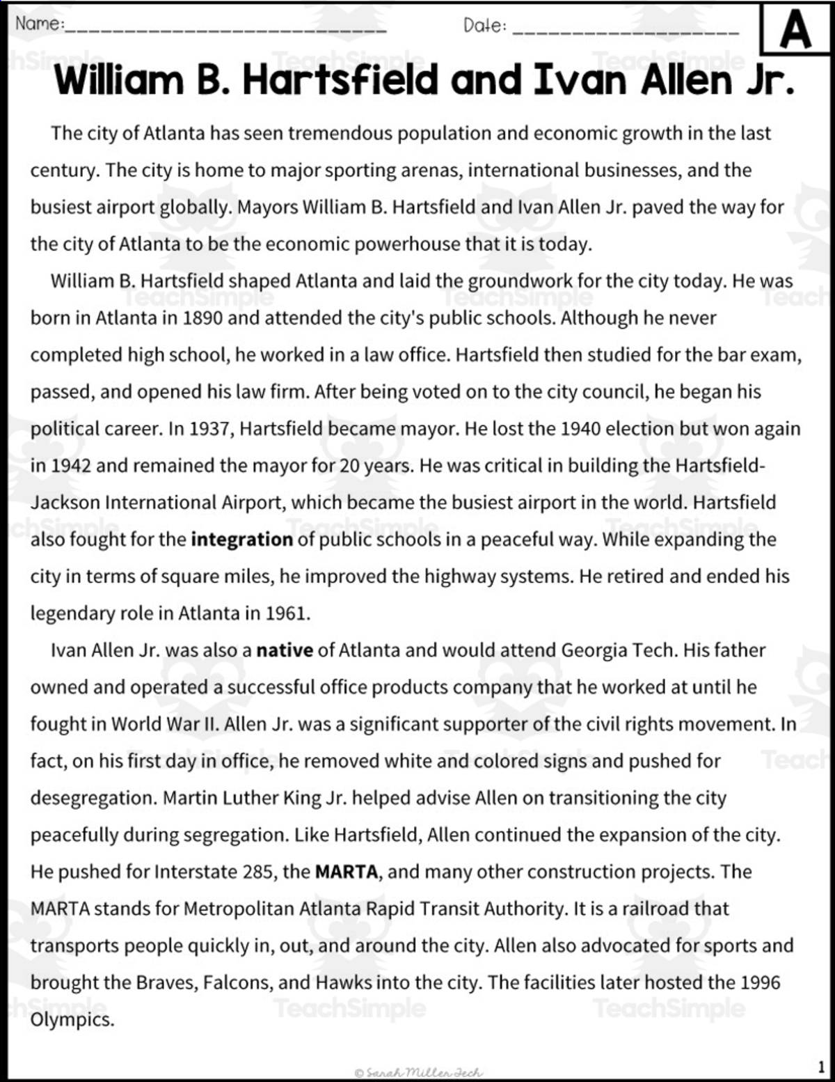 An educational teaching resource from Sarah Miller Tech entitled Economic Growth in Atlanta Reading Packet downloadable at Teach Simple.