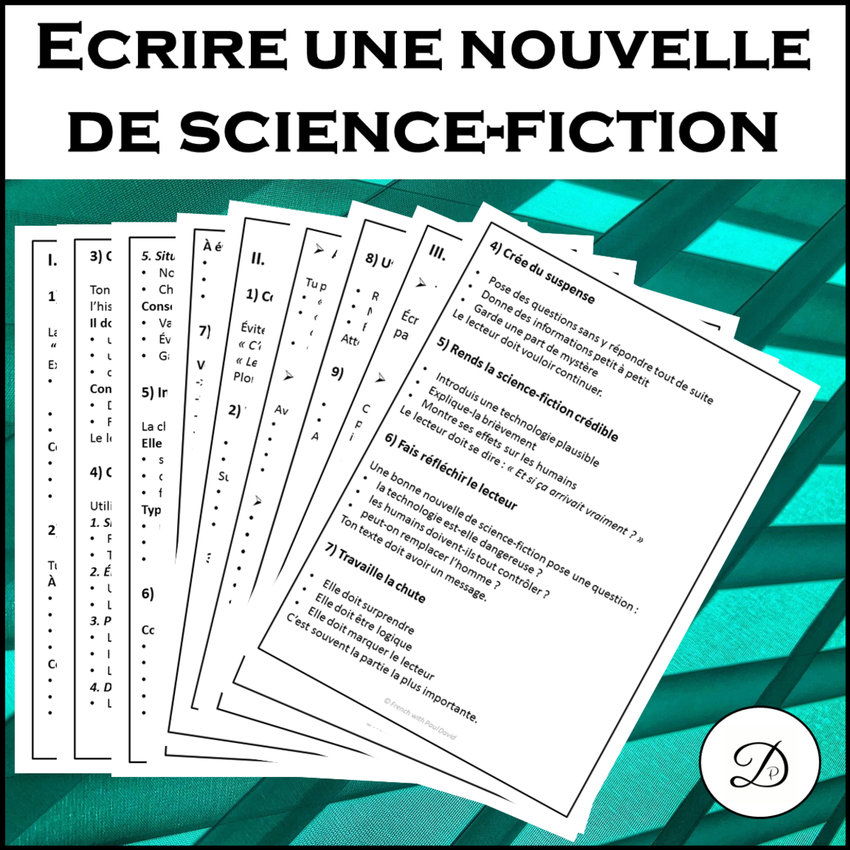 An educational teaching resource from French with Paul David entitled Écrire une courte nouvelle de science-fiction downloadable at Teach Simple.
