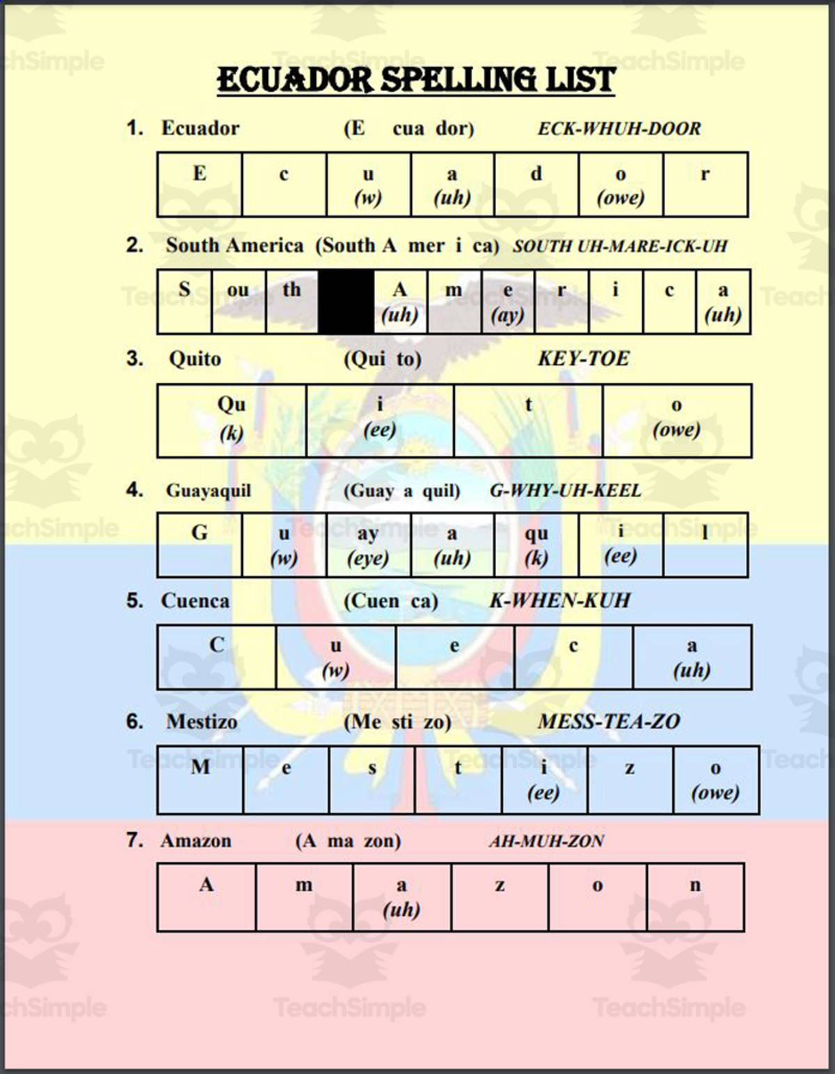 An educational teaching resource from Mr. Matthews Teacher Store entitled Ecuador Spelling List downloadable at Teach Simple.