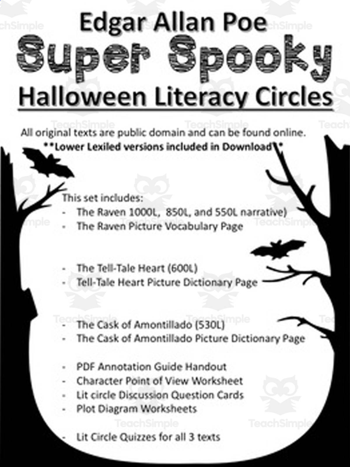 An educational teaching resource from Tpete's Supply Store entitled Edgar Allan Poe Literature Circles (With Lexiled Texts) downloadable at Teach Simple.
