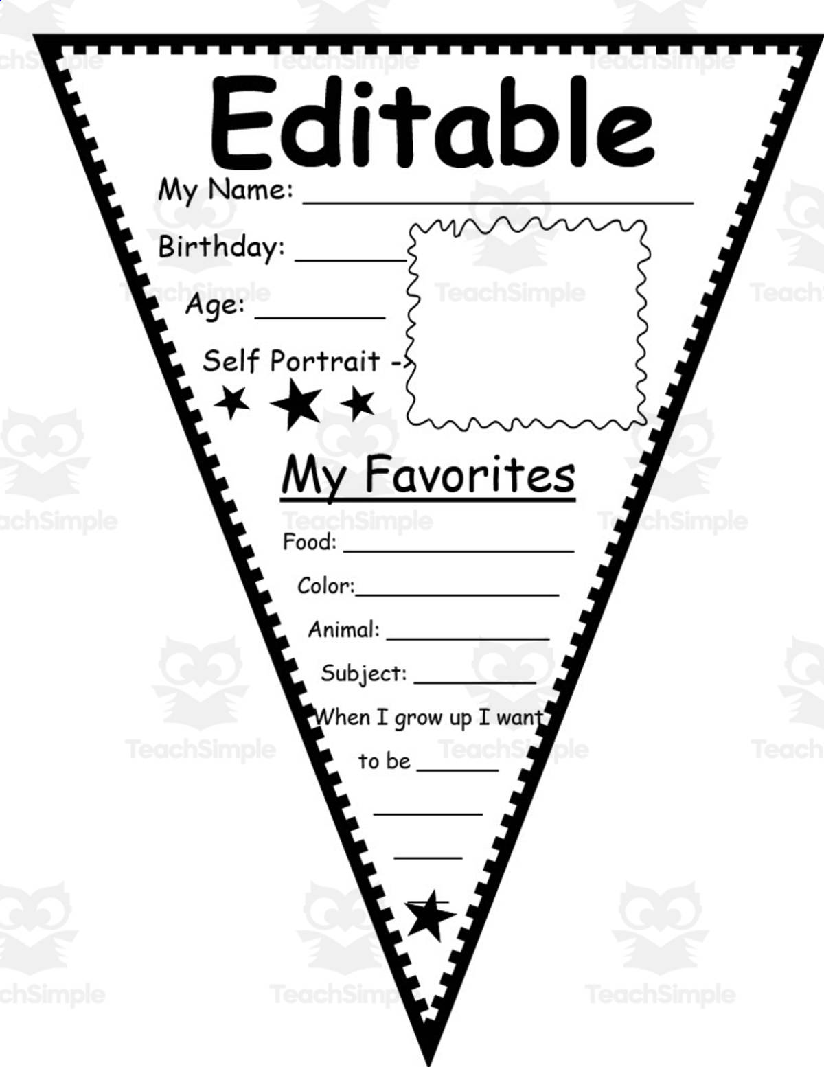An educational teaching resource from O'Hoppy Day entitled Editable All About Me Pennant downloadable at Teach Simple.