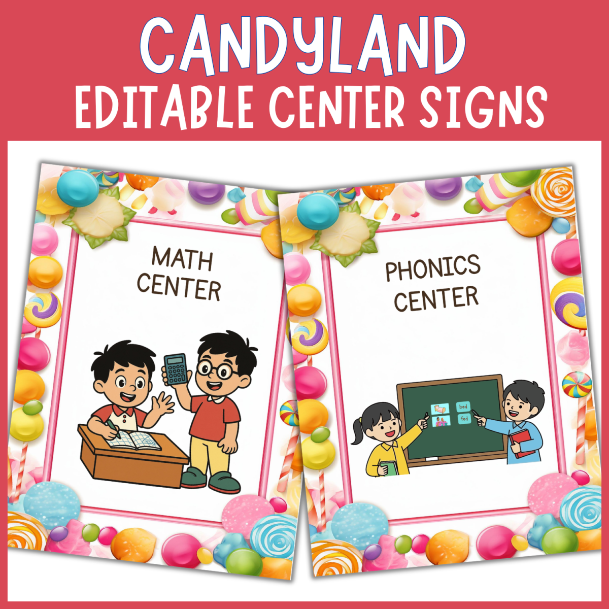 An educational teaching resource from The Clever Llama entitled Editable Candyland Theme sweet treat center sign classroom station downloadable at Teach Simple.