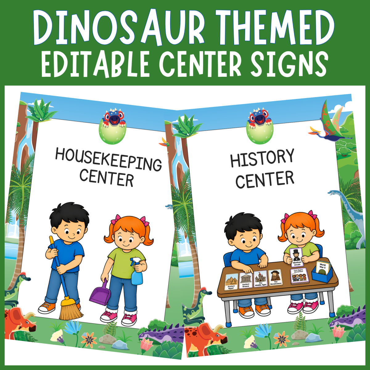 An educational teaching resource from The Clever Llama entitled Editable cute dinosaurs dino theme center sign classroom station label downloadable at Teach Simple.
