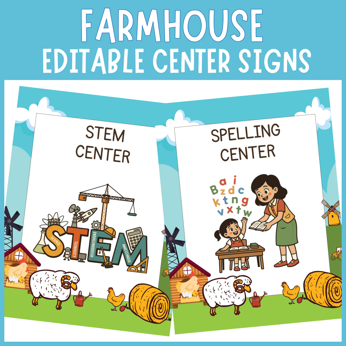 An educational teaching resource from The Clever Llama entitled Editable farmhouse barn animals themed center sign classroom decor downloadable at Teach Simple.