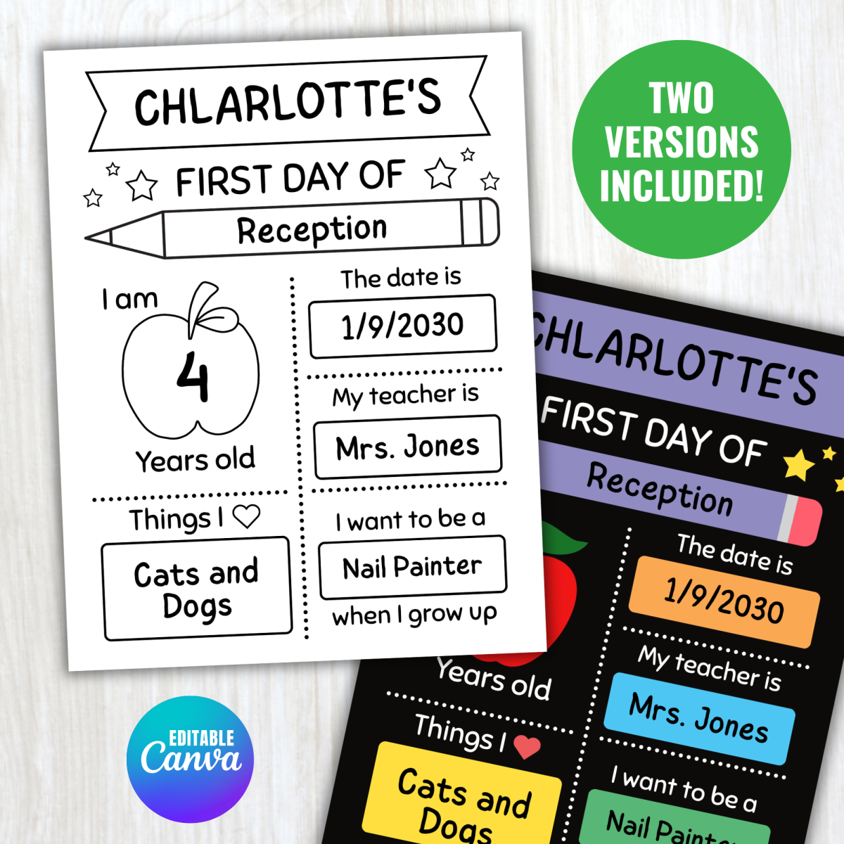 An educational teaching resource from screenzro entitled Editable First Day of School Sign - Back to school Photo Prop Keepsake downloadable at Teach Simple.