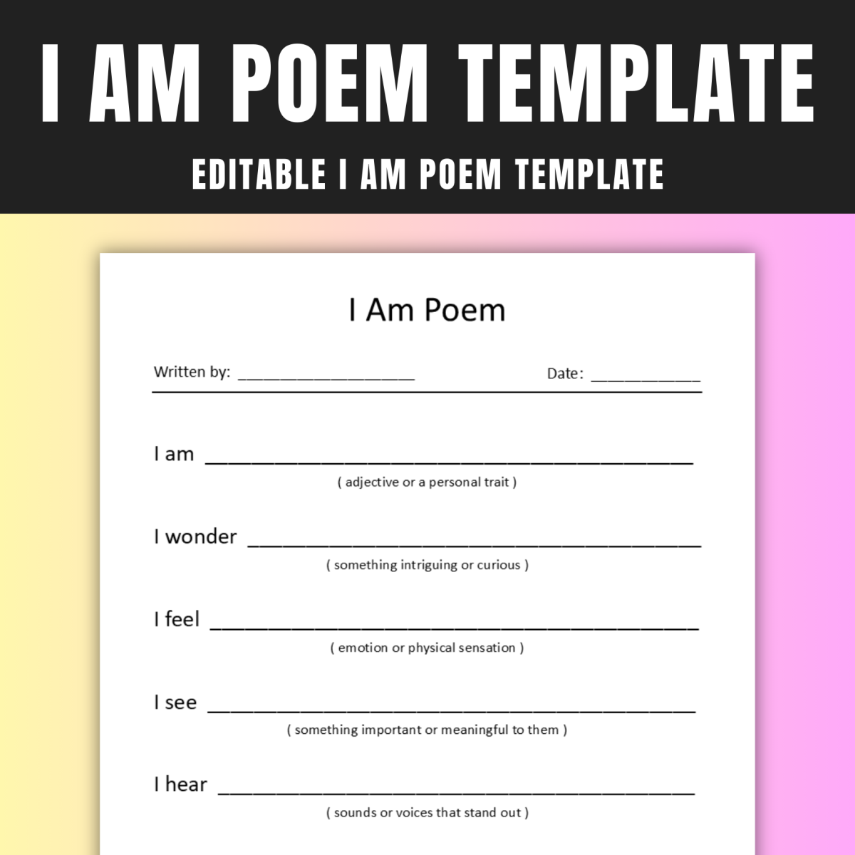 An educational teaching resource from GY Creations entitled Editable I Am Poem Template for Younger Students with Instructions downloadable at Teach Simple.
