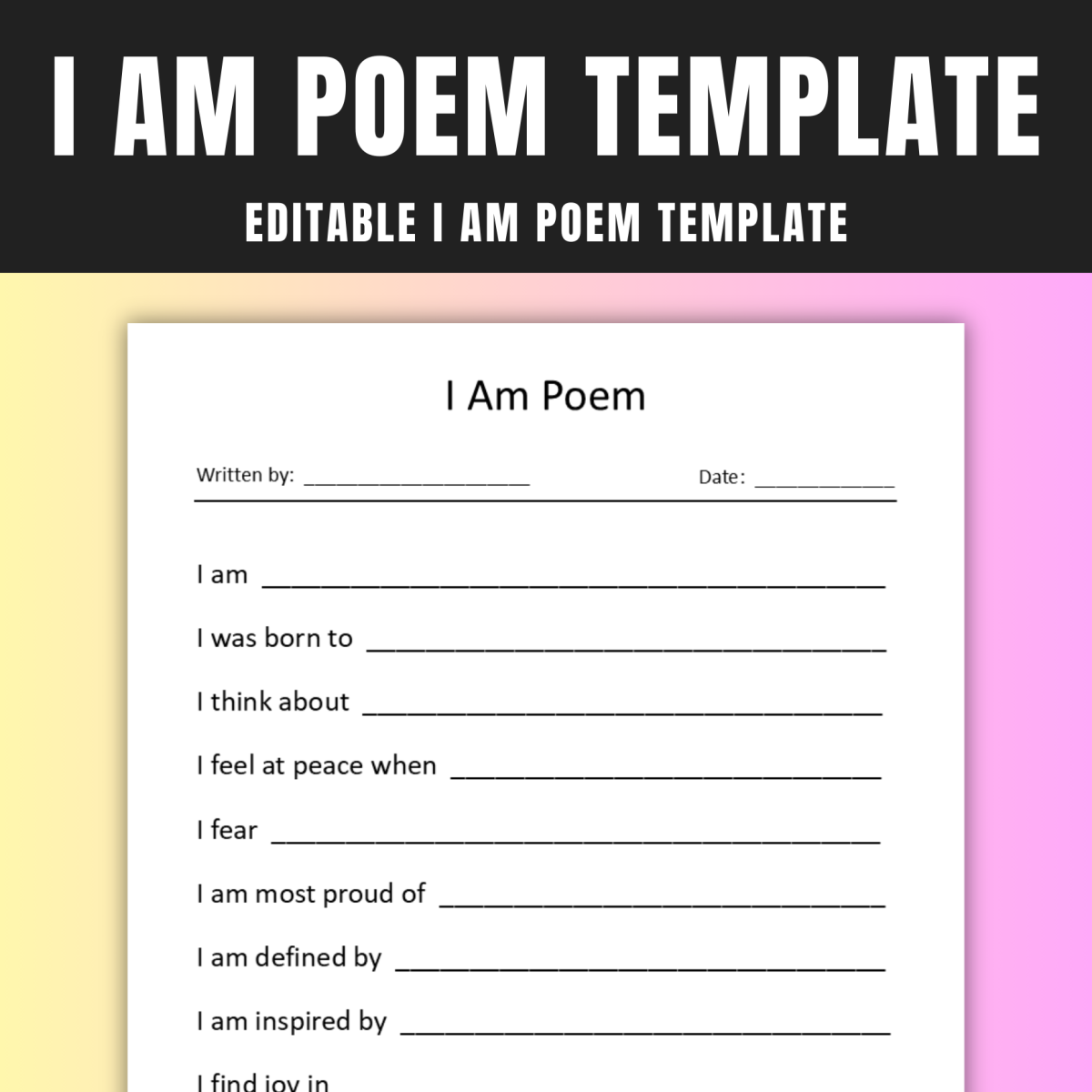 An educational teaching resource from GY Creations entitled Editable I Am Poem Template – 13 Writing Prompts downloadable at Teach Simple.