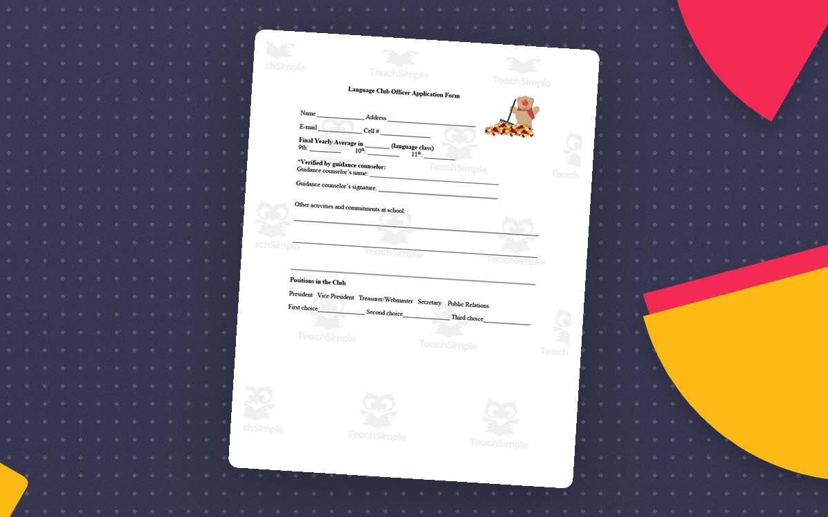 An educational teaching resource from Golden Promise entitled Editable Language Club Officer Application Form downloadable at Teach Simple.