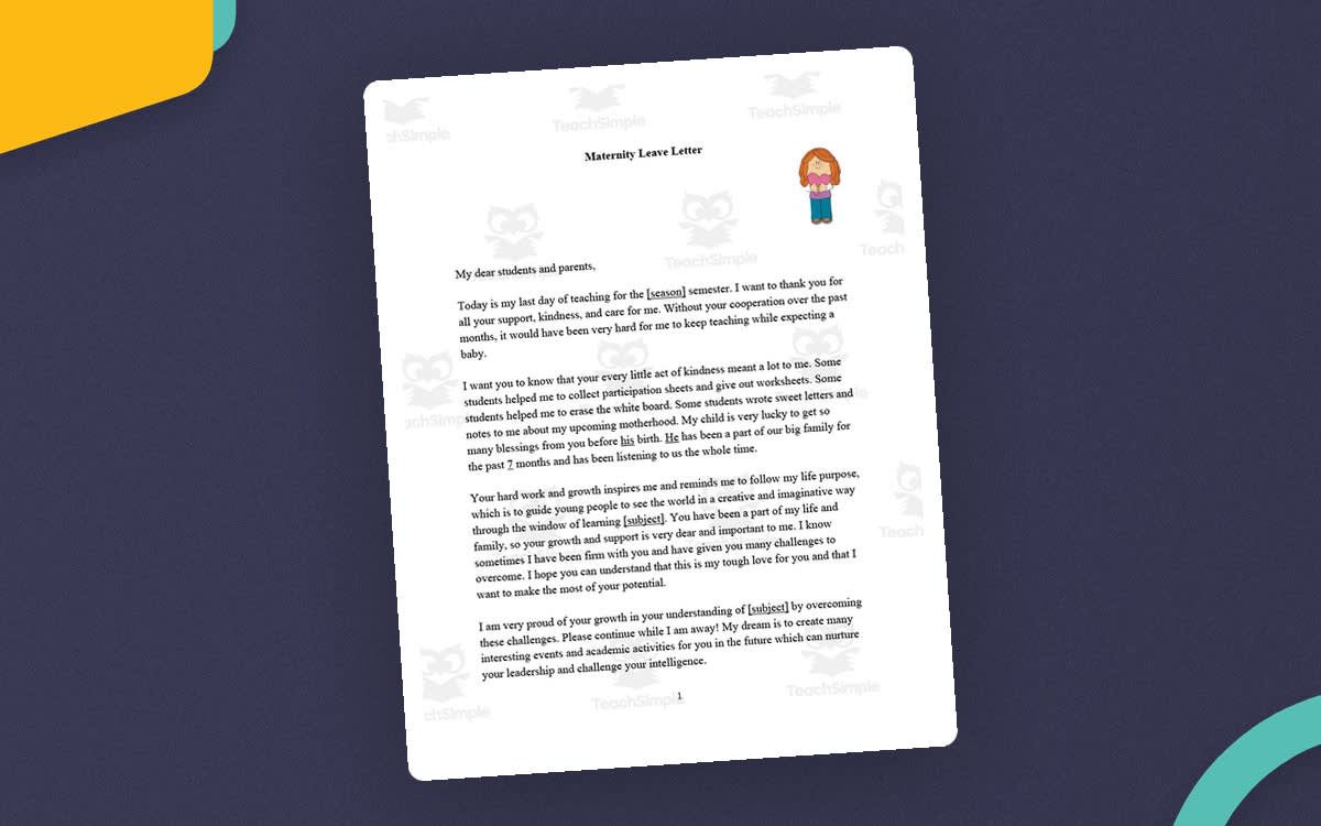An educational teaching resource from Golden Promise entitled Editable Maternity Leave Letter downloadable at Teach Simple.