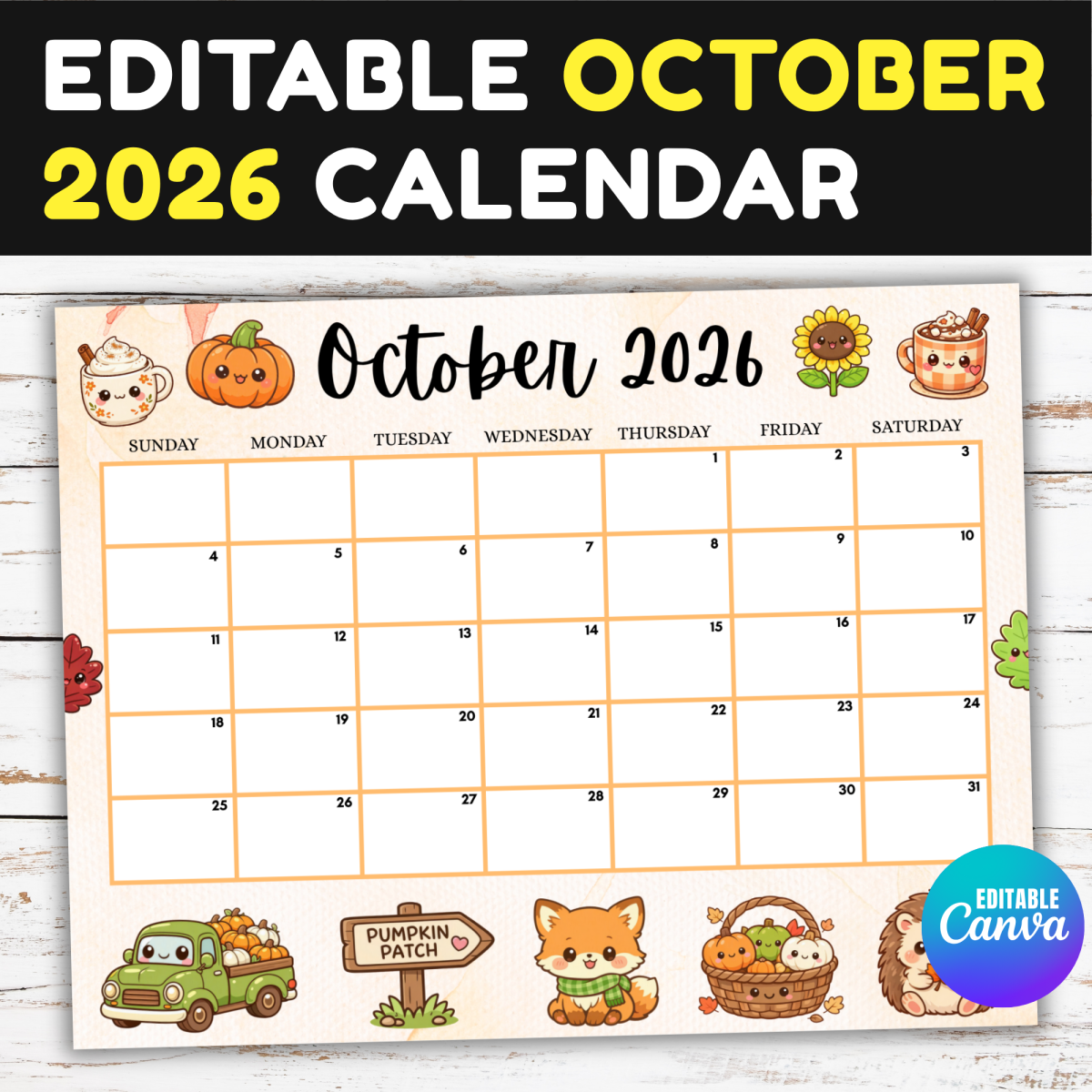 EDITABLE October 2026 2027 Calendar, Autumn Monthly School Calendar preview