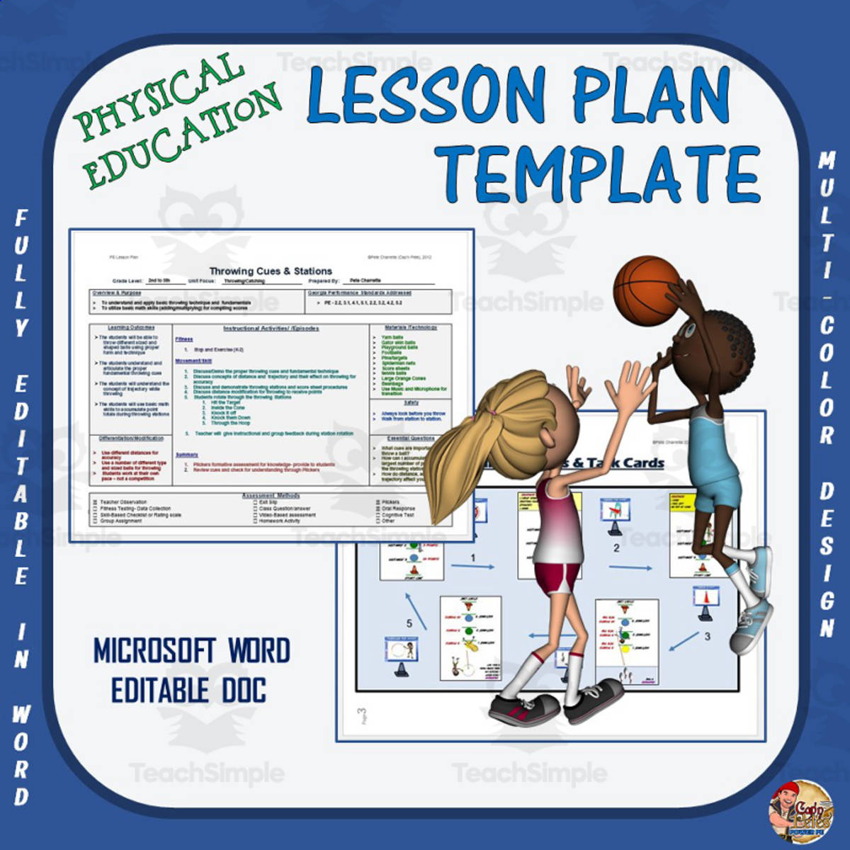 An educational teaching resource from Cap'n Pete's Power PE entitled Editable PE Lesson Plan Template – 3 Color Options downloadable at Teach Simple.