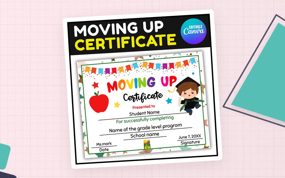 An educational teaching resource from screenzro entitled Editable Preschool Moving Up Certificates downloadable at Teach Simple.