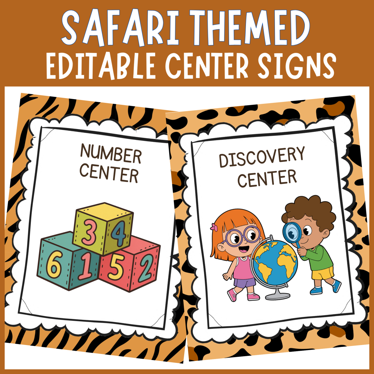 An educational teaching resource from The Clever Llama entitled Editable safari jungle animal print themed center sign classroom decor downloadable at Teach Simple.