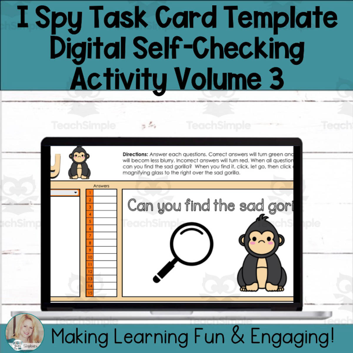 An educational teaching resource from Digitally Yours Shop entitled Editable Self-Checking I Spy Template Digital Task Card Activity Vol.3 downloadable at Teach Simple.