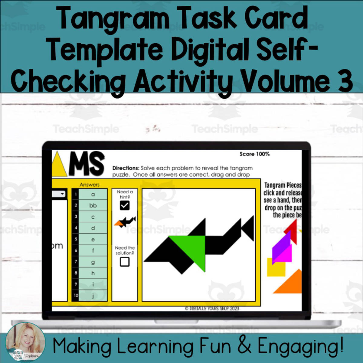An educational teaching resource from Digitally Yours Shop entitled Editable Self-Checking Tangram Task Card Digital Template Vol.3 downloadable at Teach Simple.
