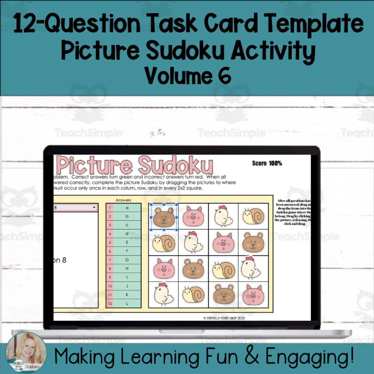An educational teaching resource from Digitally Yours Shop entitled Editable Self-Checking Task Card Template Activity Picture Sudoku Vol6 downloadable at Teach Simple.