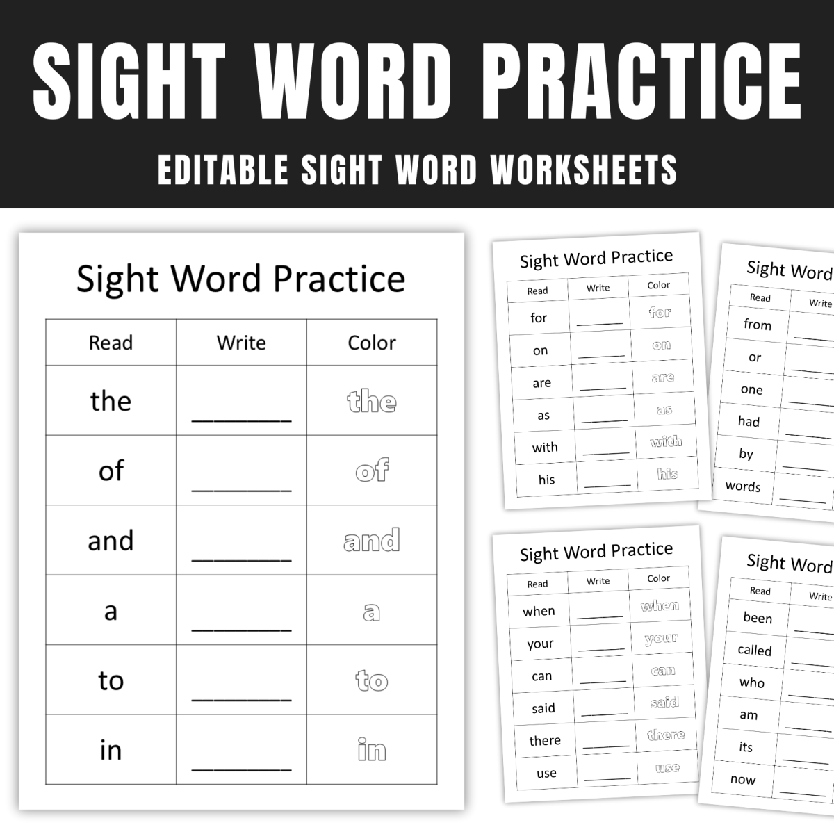 An educational teaching resource from GY Creations entitled Editable Sight Word Worksheets, Read Write Color Sight Word Practice downloadable at Teach Simple.