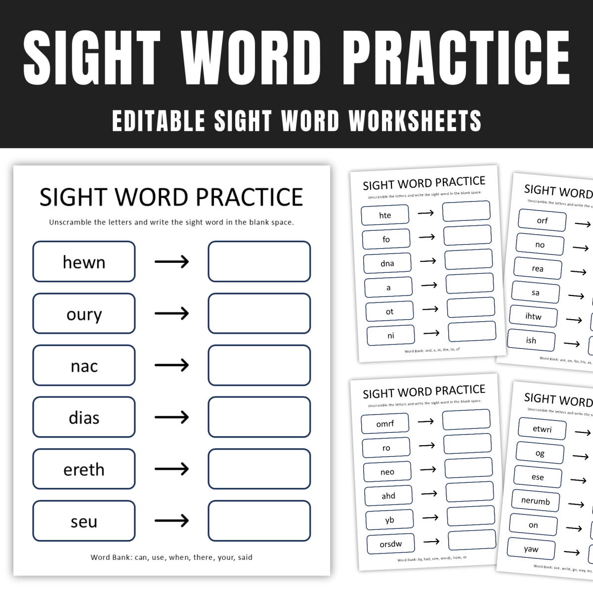 An educational teaching resource from GY Creations entitled Editable Sight Word Worksheets, Unscramble Sight Words Game Activity downloadable at Teach Simple.