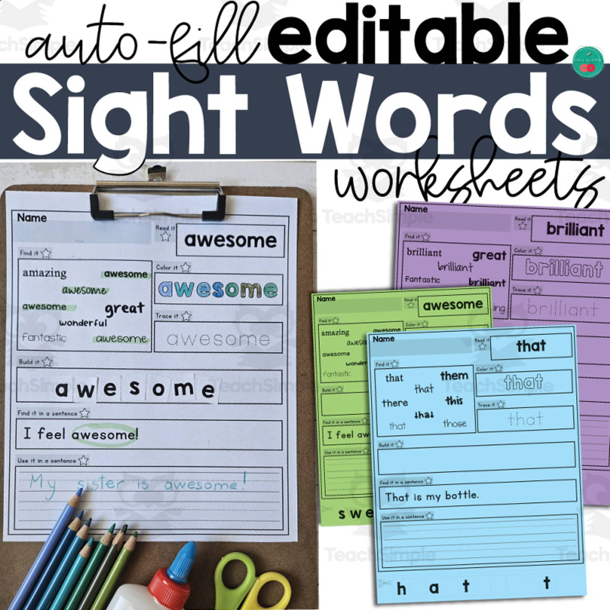 An educational teaching resource from Cherry Workshop entitled Editable Sight Words Worksheets | Add Your Own Words | Any Word List downloadable at Teach Simple.