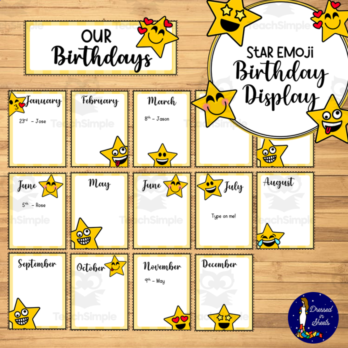 An educational teaching resource from Soumara Siddiqui entitled EDITABLE Star Emoji Birthday Display downloadable at Teach Simple.