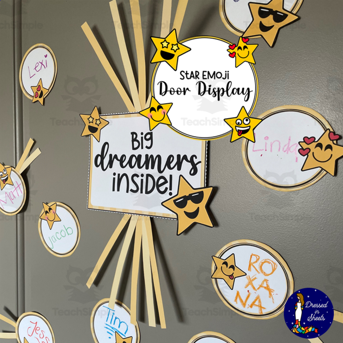 An educational teaching resource from Soumara Siddiqui entitled EDITABLE Star Emoji Door Display downloadable at Teach Simple.