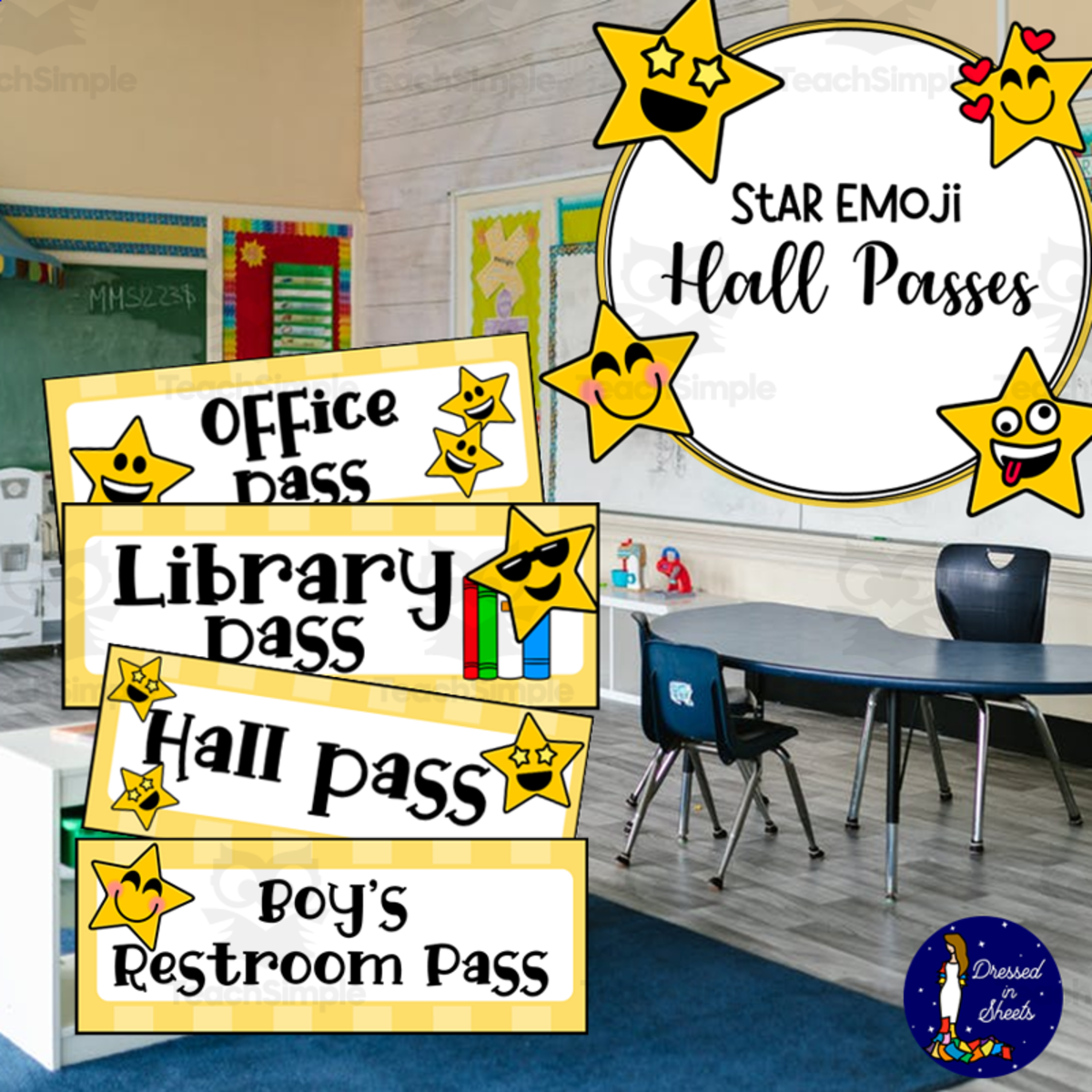 An educational teaching resource from Soumara Siddiqui entitled Editable Star Emoji Hall Passes downloadable at Teach Simple.